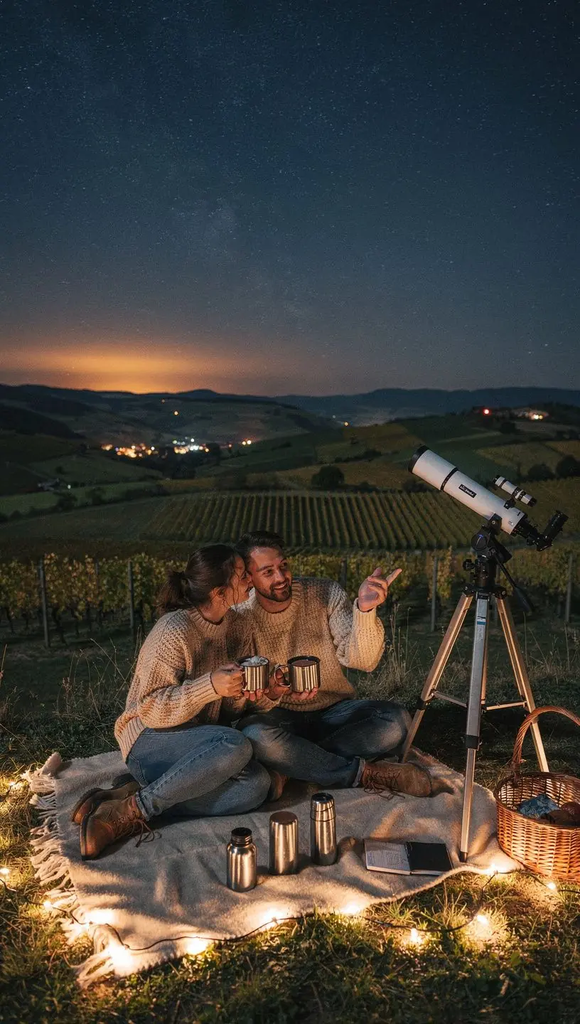Ein Gruppenbild von Teilnehmern, die unter einem klaren Nachthimmel mit Teleskopen die Sterne beobachten.