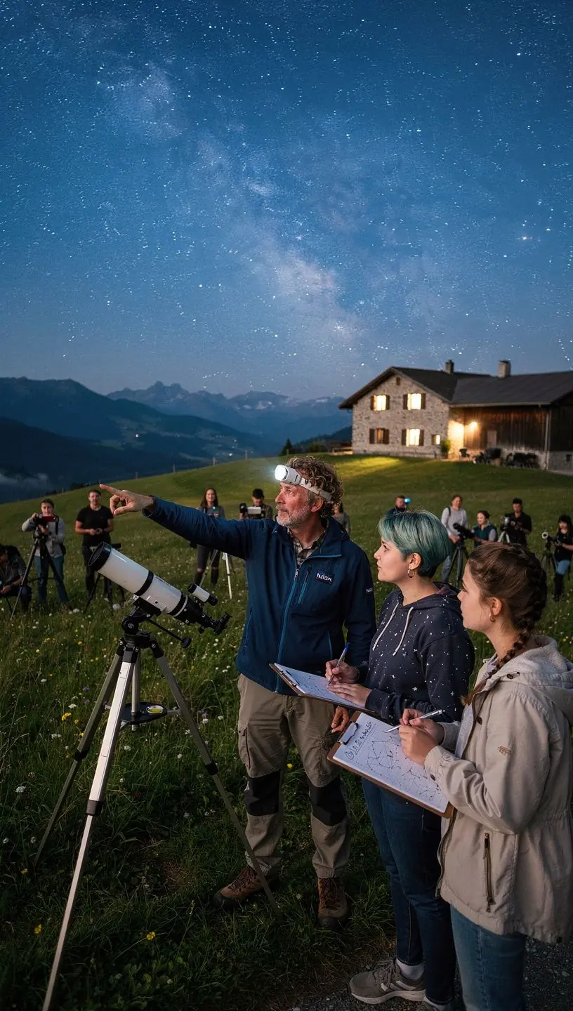 Ein Gruppenbild von Teilnehmern, die nachts mit einem Teleskop den Sternenhimmel beobachten.